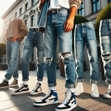 DALL·E 2025 02 23 17.20.05 A stylish young person wearing different styles of denim jeans in an urban setting. The scene showcases a casual yet trendy look with various jean st