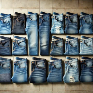 DALL·E 2025 02 23 17.12.35 A stylish display of various denim jeans arranged neatly on a wooden background. The jeans come in different styles including straight leg skinny a