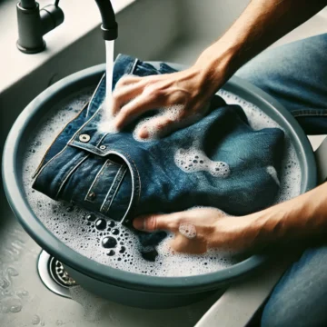DALL·E 2025 02 23 17.19.49 A person washing denim jeans in cold water inside a basin carefully scrubbing with mild detergent. The jeans are turned inside out to prevent fading